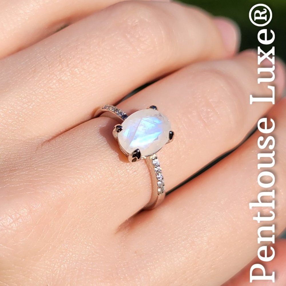 REAL Moonstone Radiant Oval Cut Sterling Silver Ring